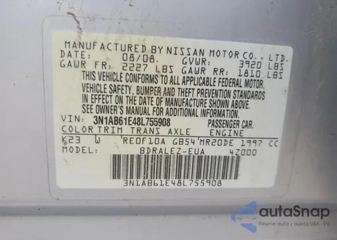 2008 Nissan Sentra 2.0 z USA, uszkodzony, nr VIN 3N1AB61E48L755908